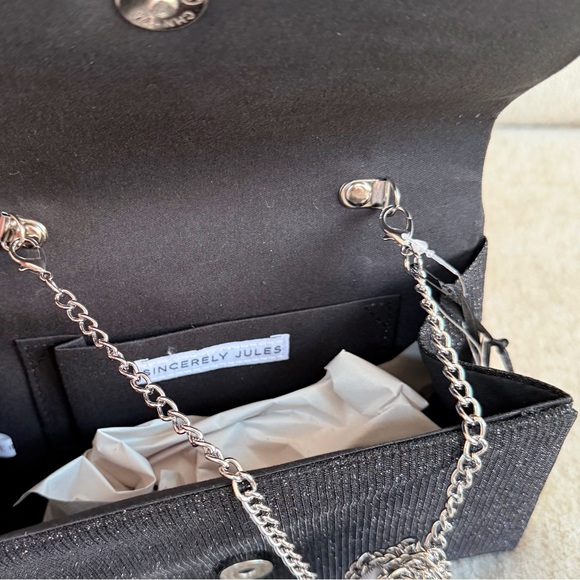 Sincerely Jules Black Evening Bag with Rhinestone Bow & Handle, Silver Clutch - Picture 11 of 11